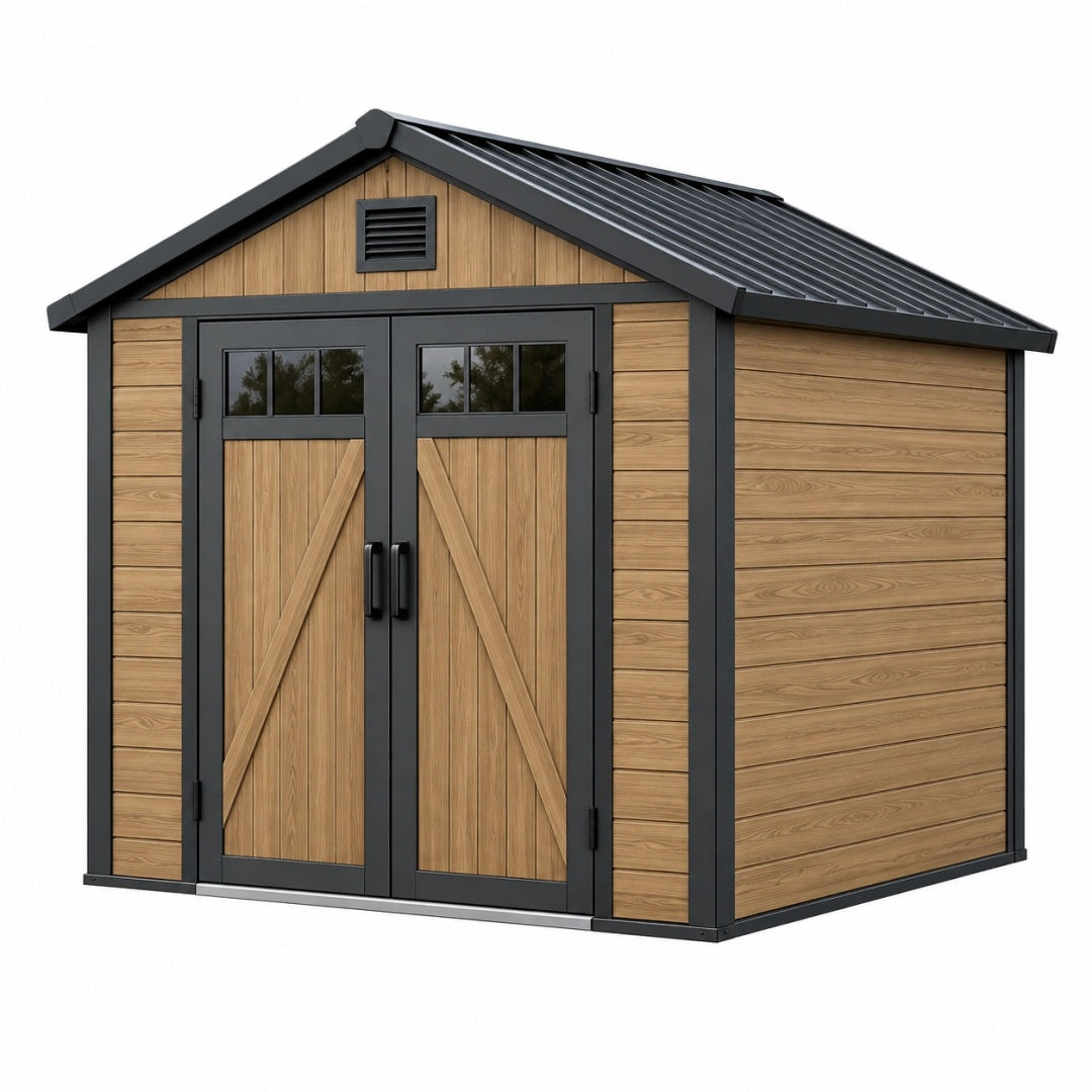 Abri de jardin 240 x 180 x 220 cm en bois marron avec structure métallique noire et double porte