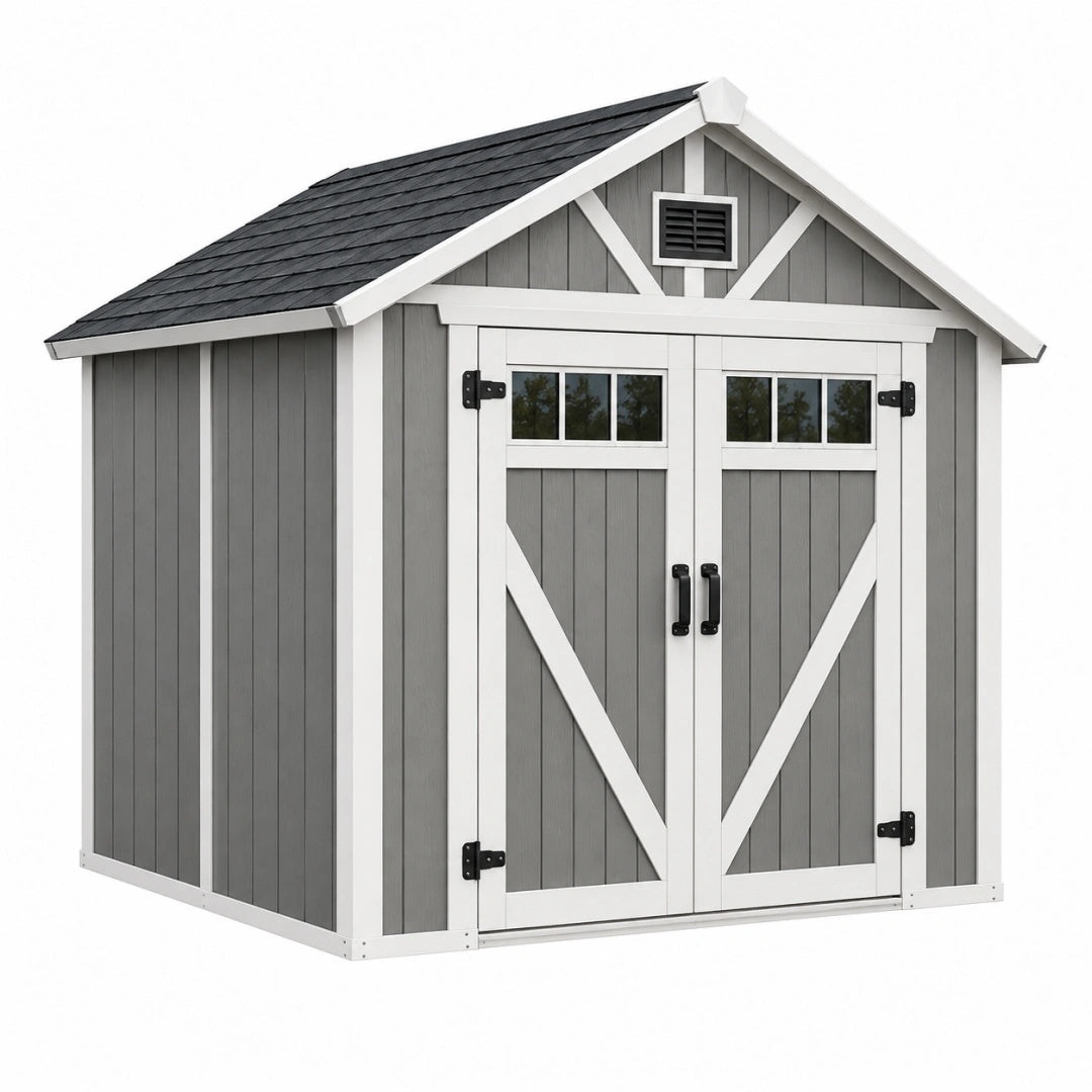 Abri de jardin 180 x 120 x 200 cm en résine gris et blanc avec double porte ventilée