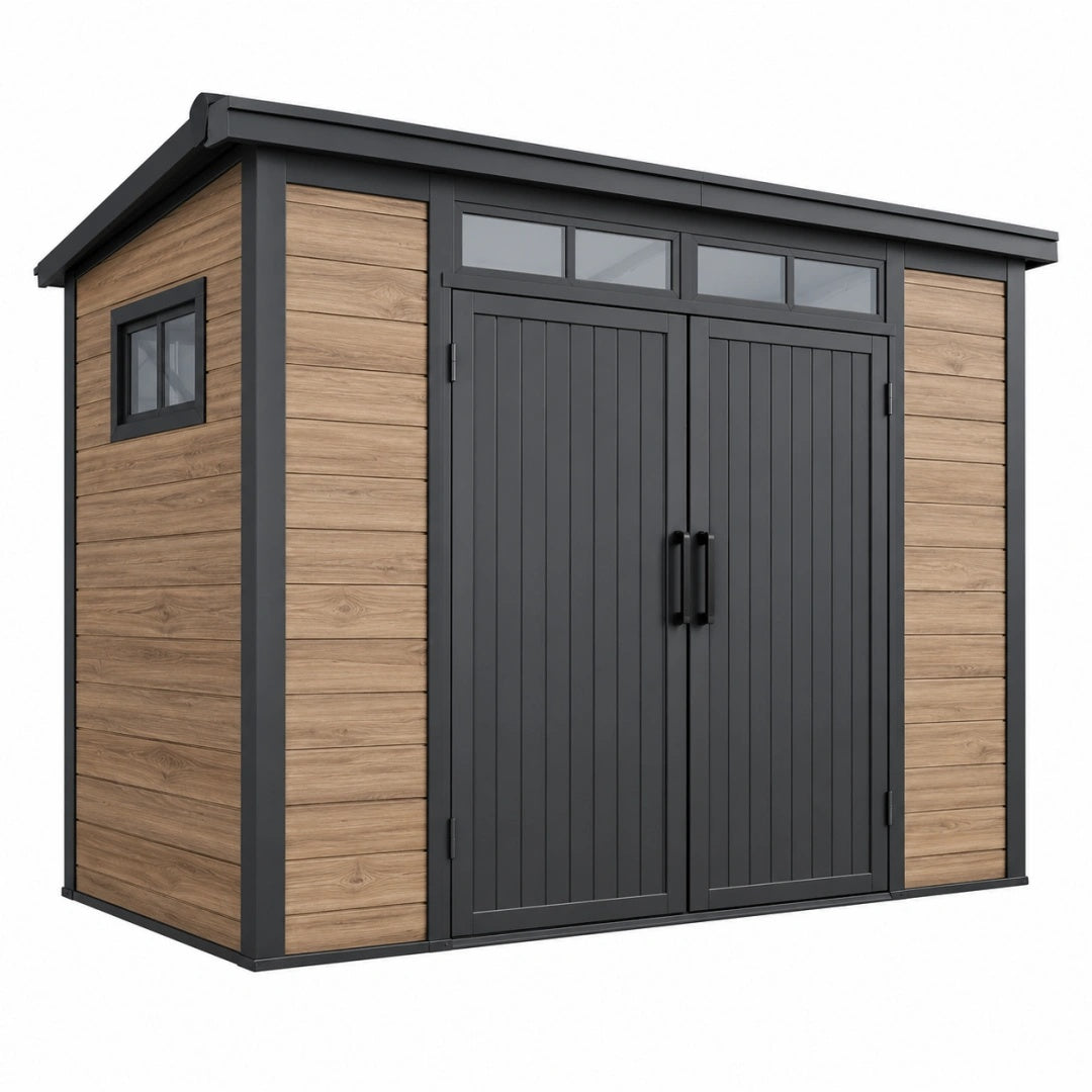 Abri de jardin 180 x 100 x 180 cm en résine aspect bois marron anthracite à double porte