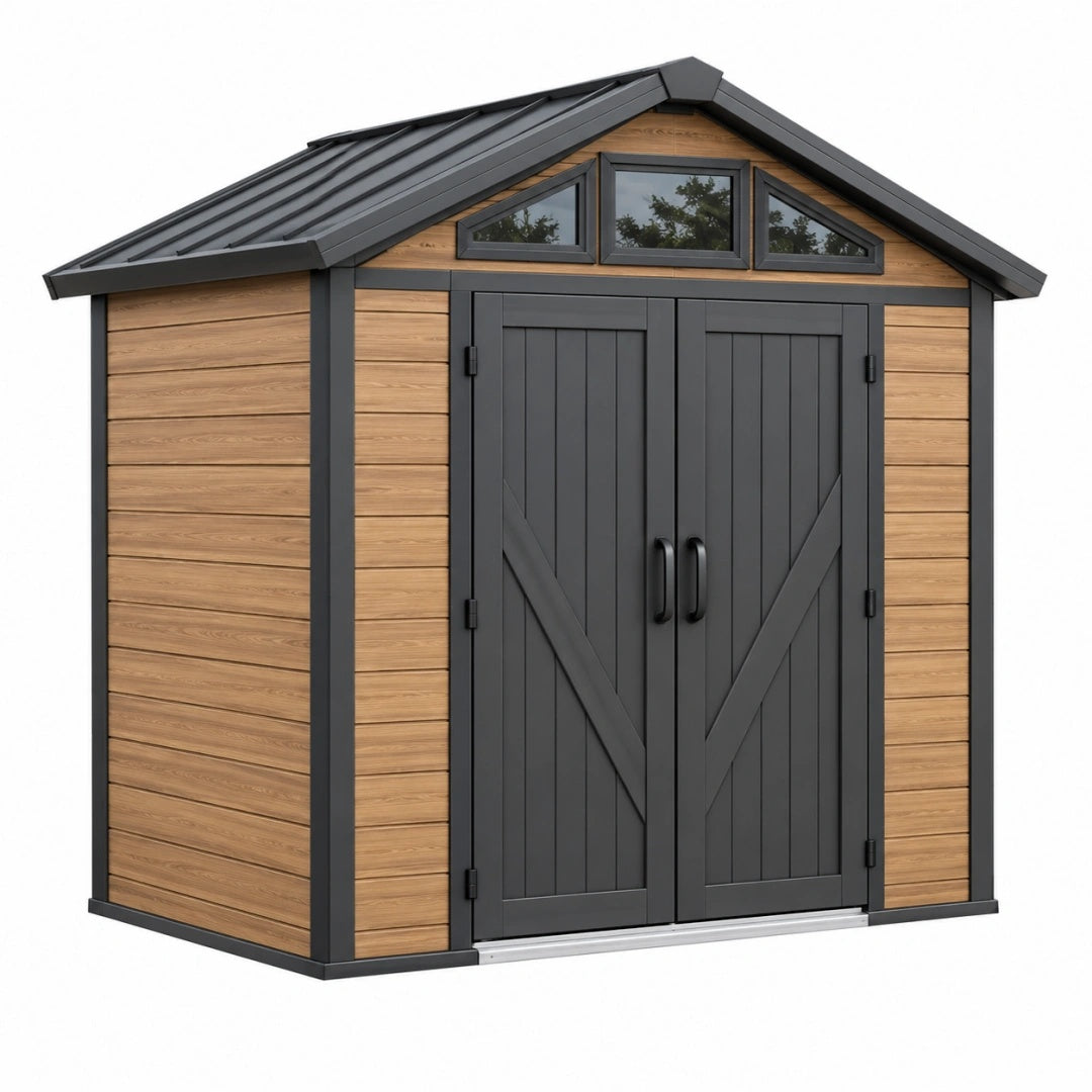 Abri de jardin 210 x 130 x 210 cm en métal gris anthracite aspect bois à double porte