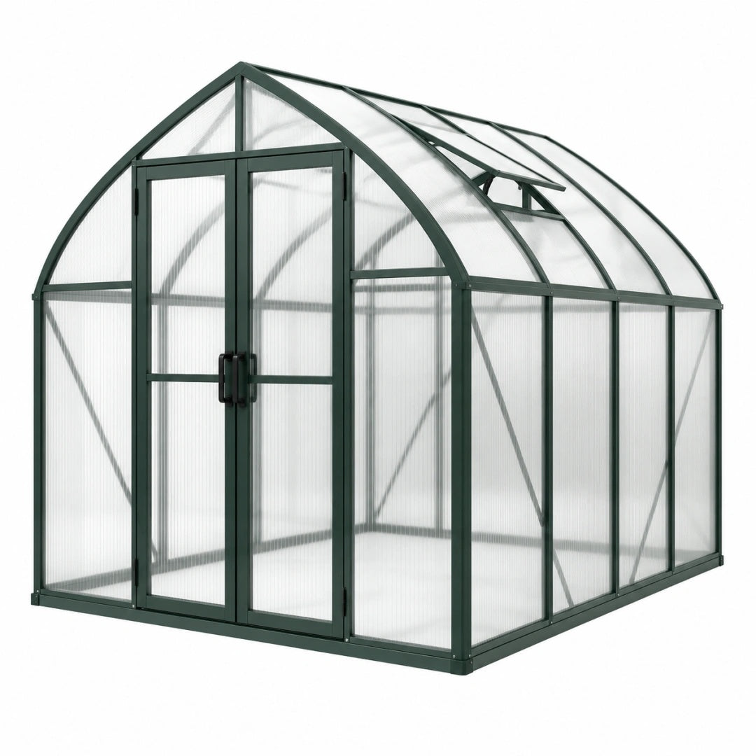 Serre de jardin 190 x 190 x 195 cm en aluminium et polycarbonate vert foncé avec portes doubles et lucarne