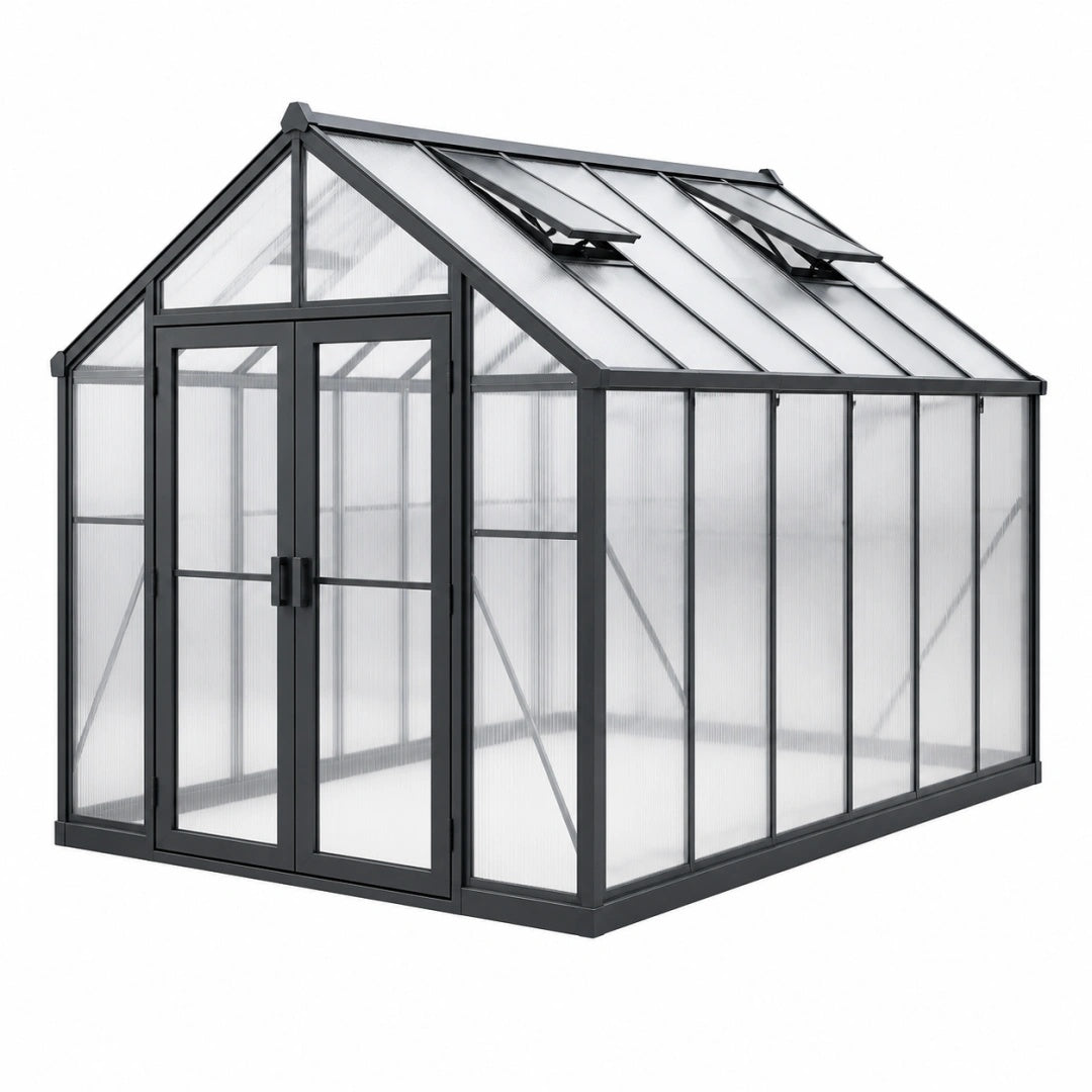 Serre de jardin 366 x 244 x 246 cm aluminium noir et polycarbonate avec lucarnes ouvrantes