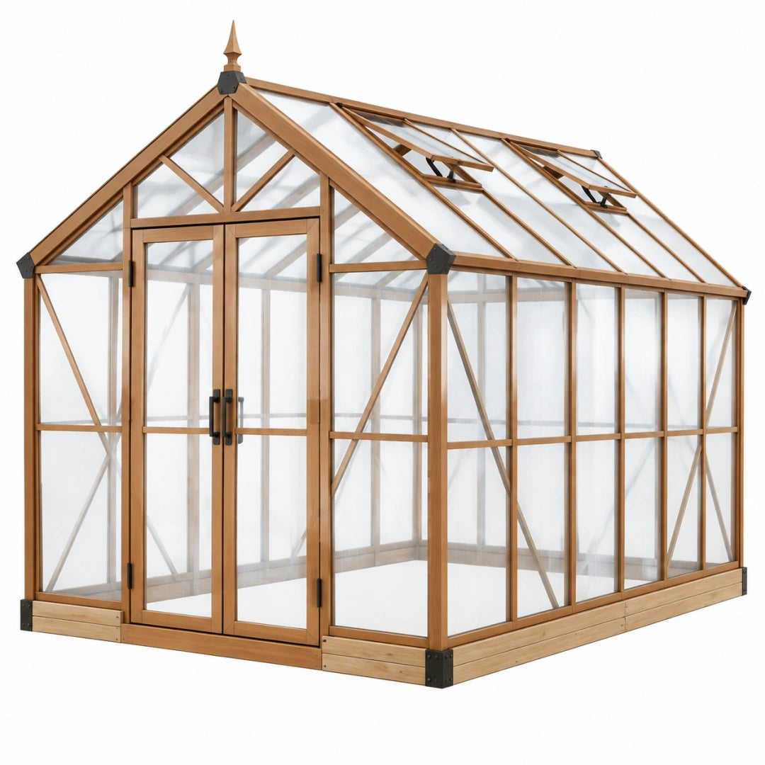 Serre de jardin 240 x 180 x 250 cm en bois marron avec panneaux transparents et fenêtres de toit