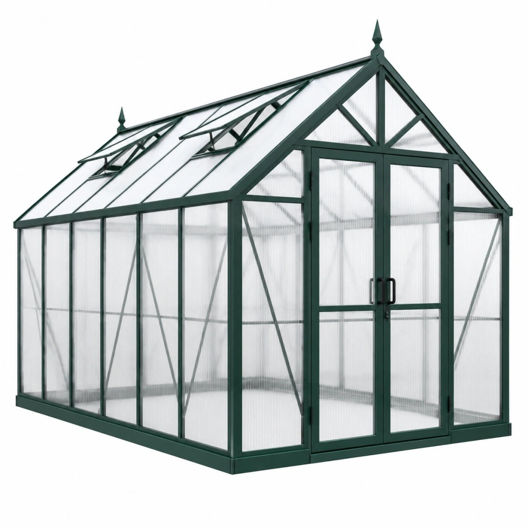 Serre de jardin 300 x 190 x 195 cm en aluminium vert avec panneaux en polycarbonate et lucarnes de toit