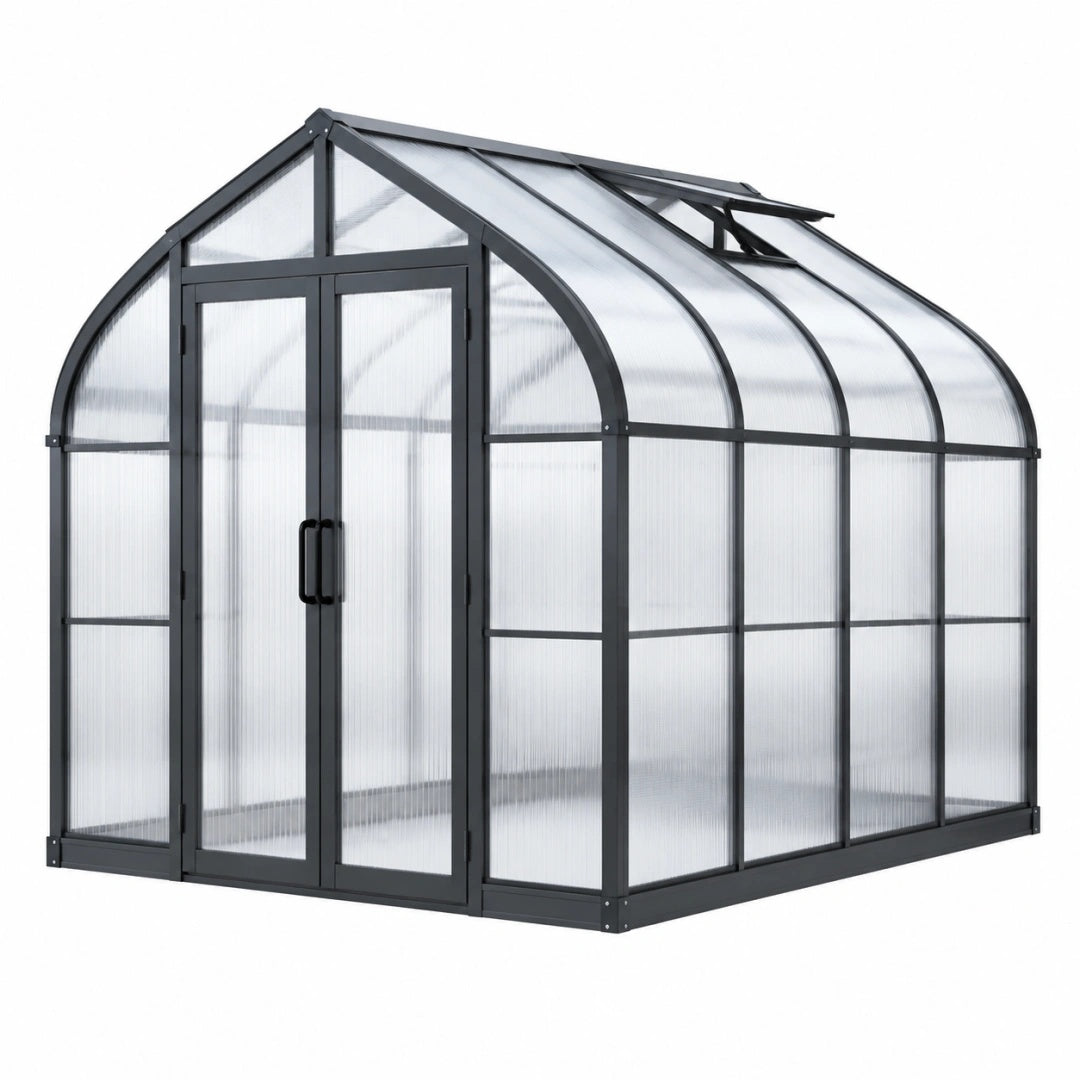 Serre de jardin 300 x 190 x 200 cm en aluminium noir et polycarbonate à toit arrondi ventilé
