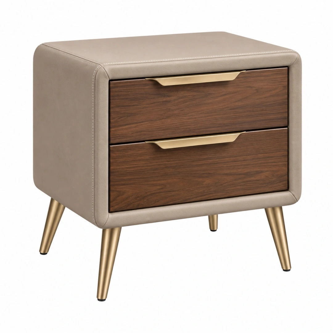 Table de chevet 50 x 40 x 55 cm en bois brun et similicuir taupe avec 2 tiroirs style moderne