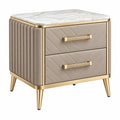 Table de chevet 50 x 40 x 58 cm en similicuir beige avec plateau effet marbre et 2 tiroirs style contemporain