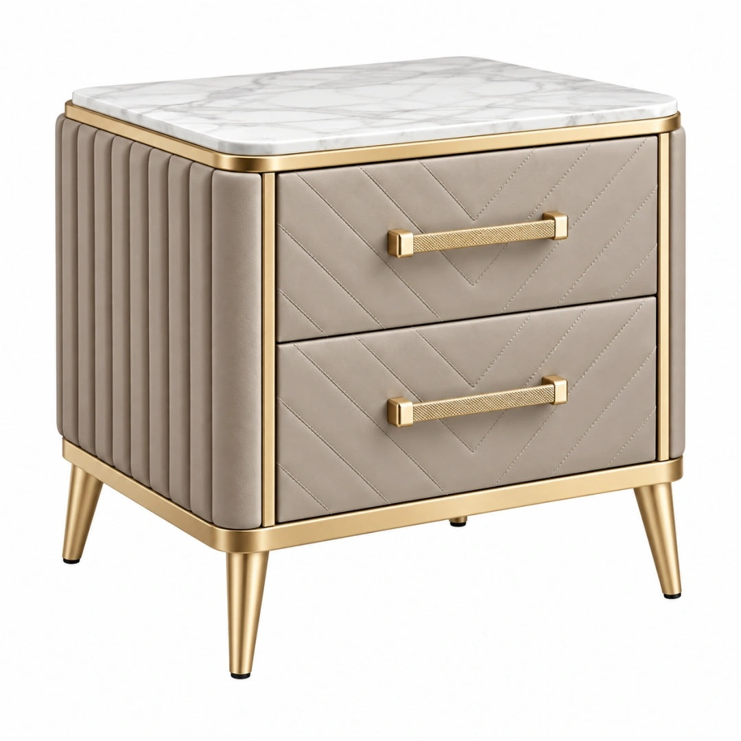 Table de chevet 50 x 40 x 58 cm en similicuir beige avec plateau effet marbre et 2 tiroirs style contemporain