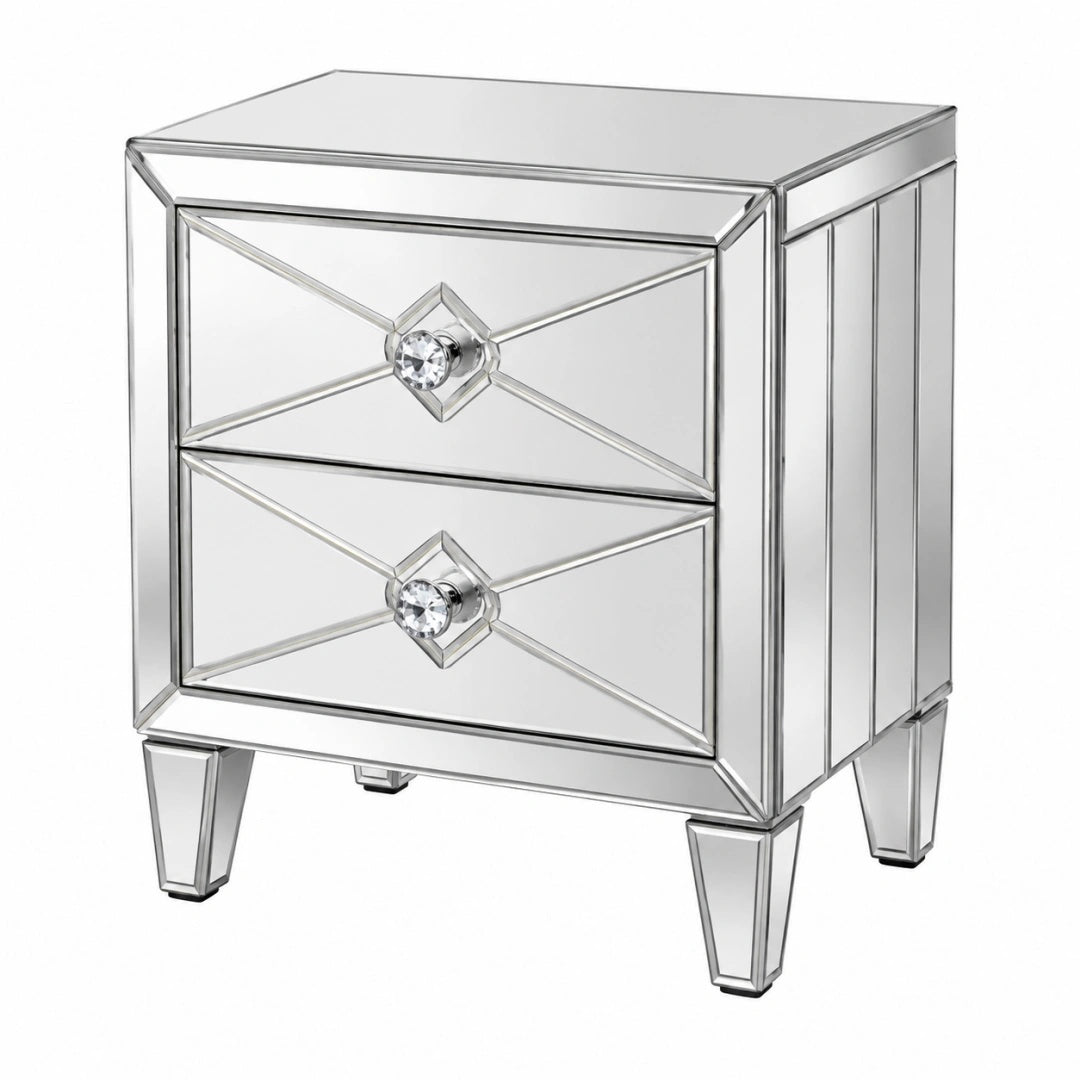 Table de chevet 50 x 40 x 60 cm en verre miroir argenté à 2 tiroirs style glamour