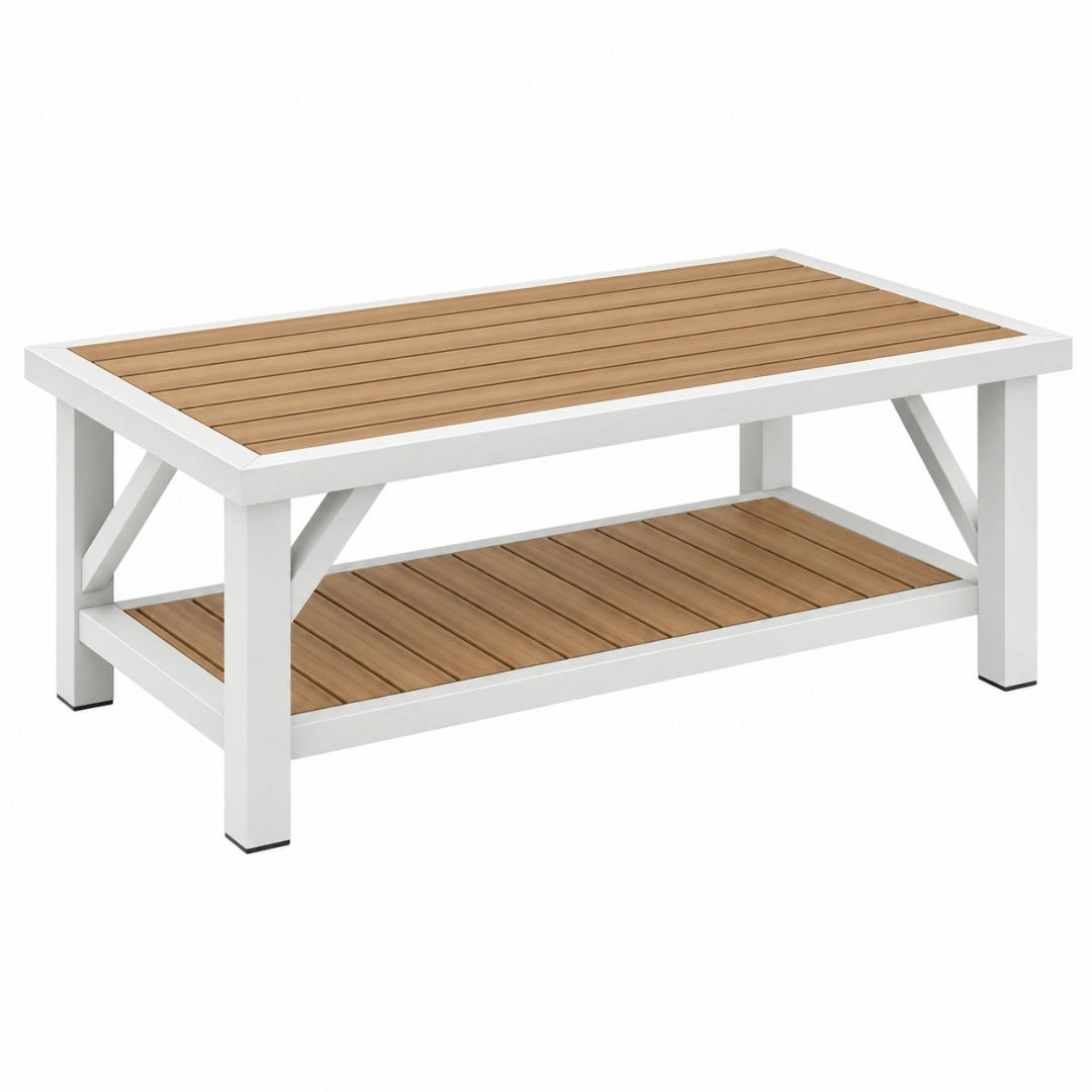Table basse de jardin 120 x 60 x 45 cm métal blanc et lattes effet bois avec étagère basse