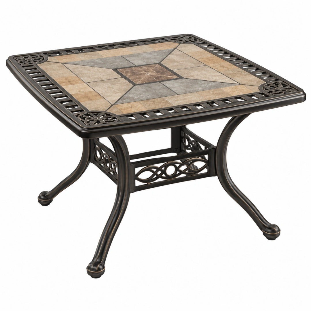 Table de jardin carrée 90 x 90 cm en métal brun avec plateau en mosaïque style classique