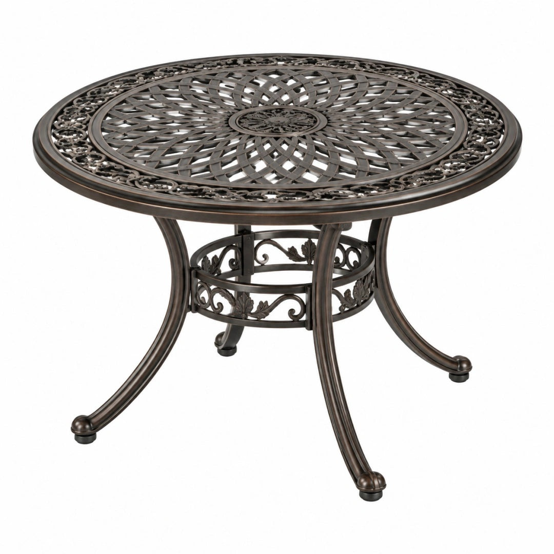 Table de jardin ronde 106 cm en aluminium brun style classique ajouré
