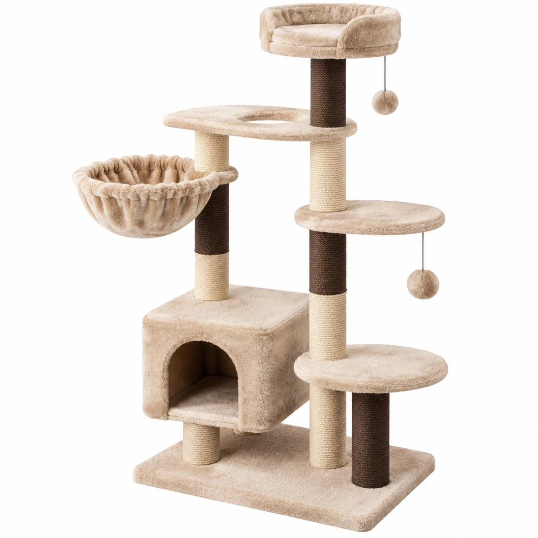 Arbre à chat 60 x 50 x 150 cm en sisal beige et marron avec niche et plateformes