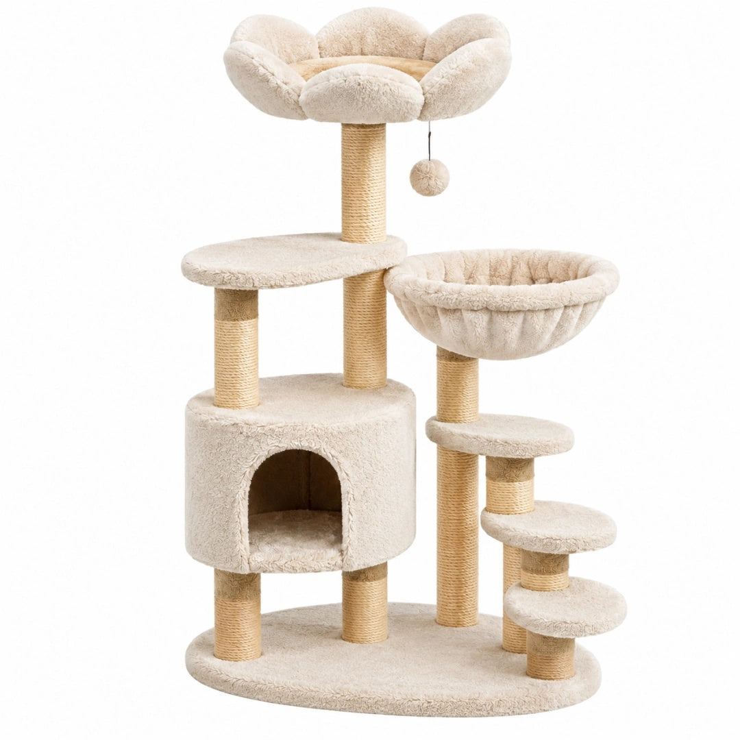 Arbre à chat 60 x 50 x 150 cm en sisal et textile beige avec niches plateformes et griffoirs