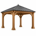 Tonnelle de jardin 400 x 400 cm en bois naturel et métal noir avec toit pyramidal