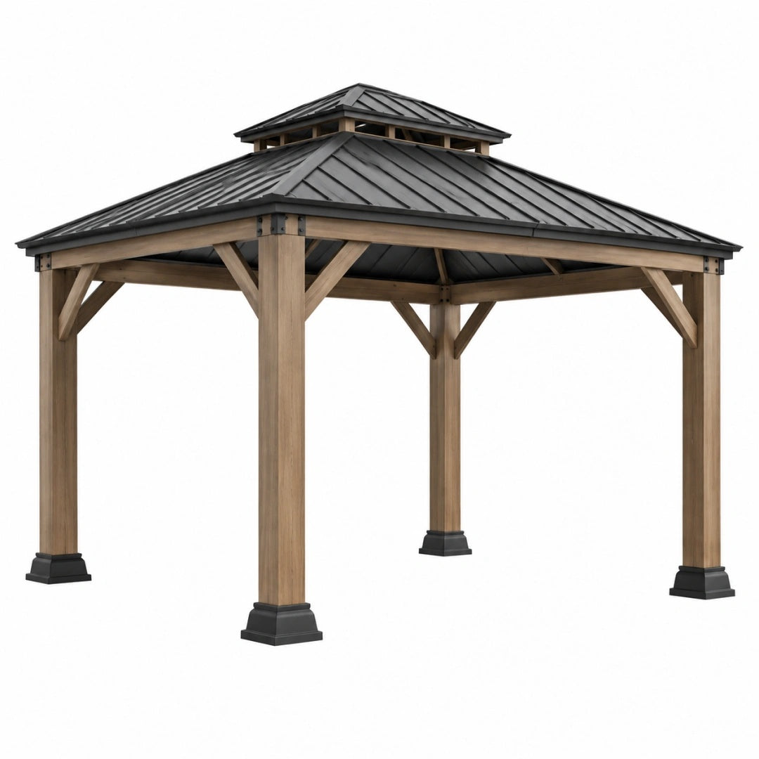 Tonnelle de jardin 400 x 400 x 300 cm en bois marron avec toit en métal noir style pavillon extérieur