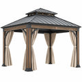 Tonnelle de jardin 300 x 300 cm en acier noir avec rideaux beiges et toit rigide