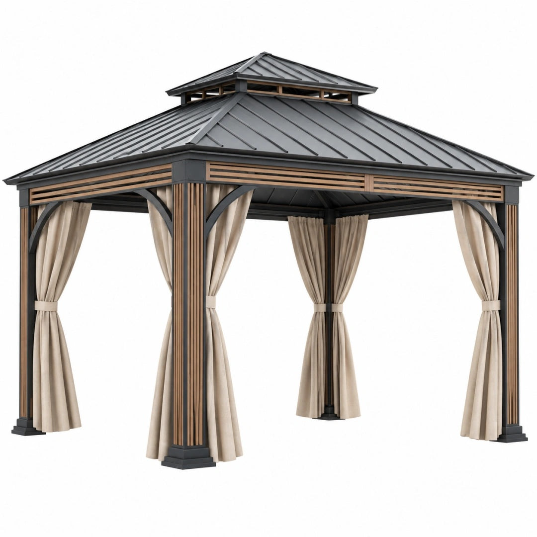 Tonnelle de jardin 300 x 300 cm en acier noir avec rideaux beiges et toit rigide
