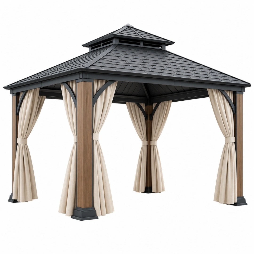 Tonnelle de jardin 300 x 300 x 300 cm en métal marron noir avec rideaux beiges et toit rigide
