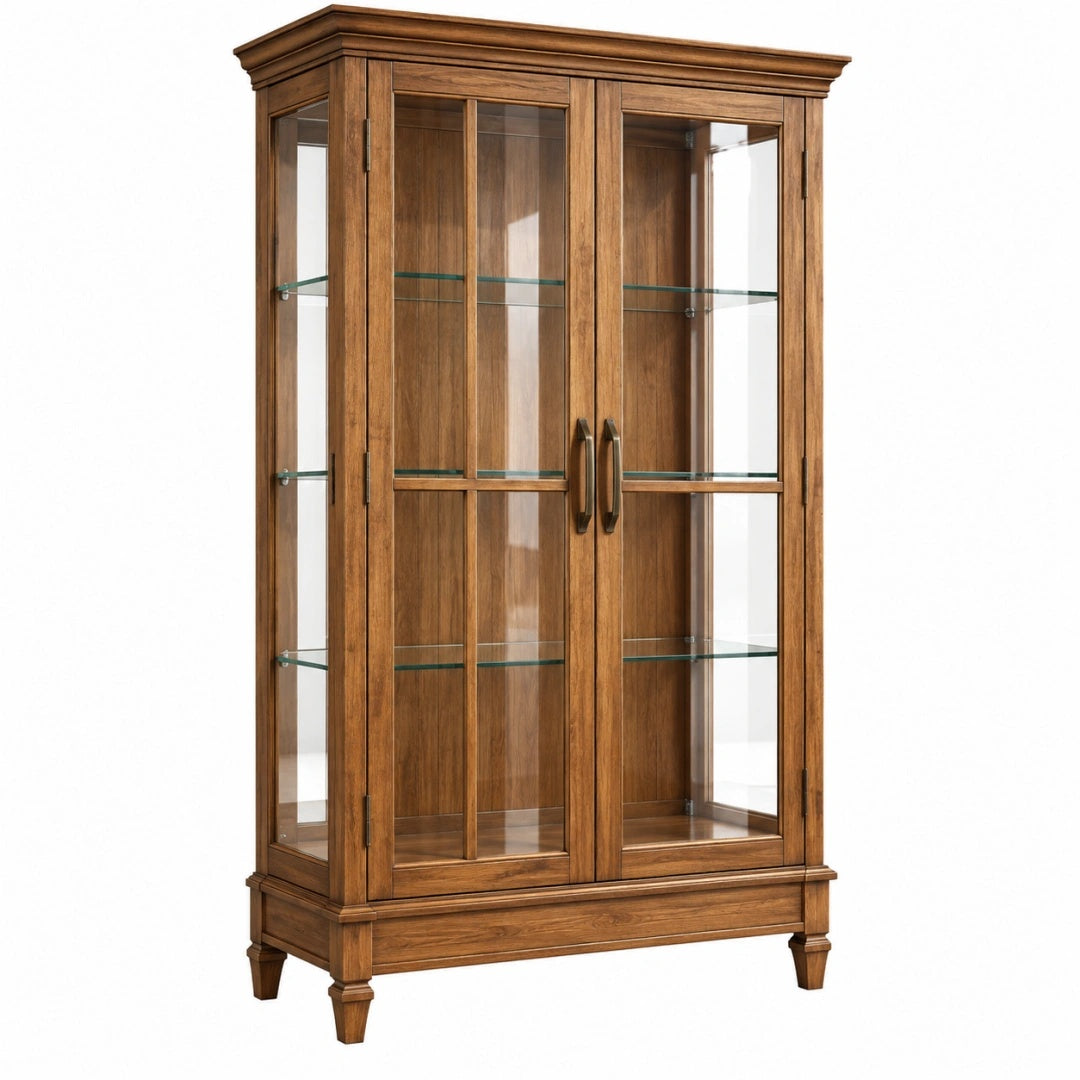 Vitrine de rangement 100 x 45 x 190 cm en bois brun et verre style classique