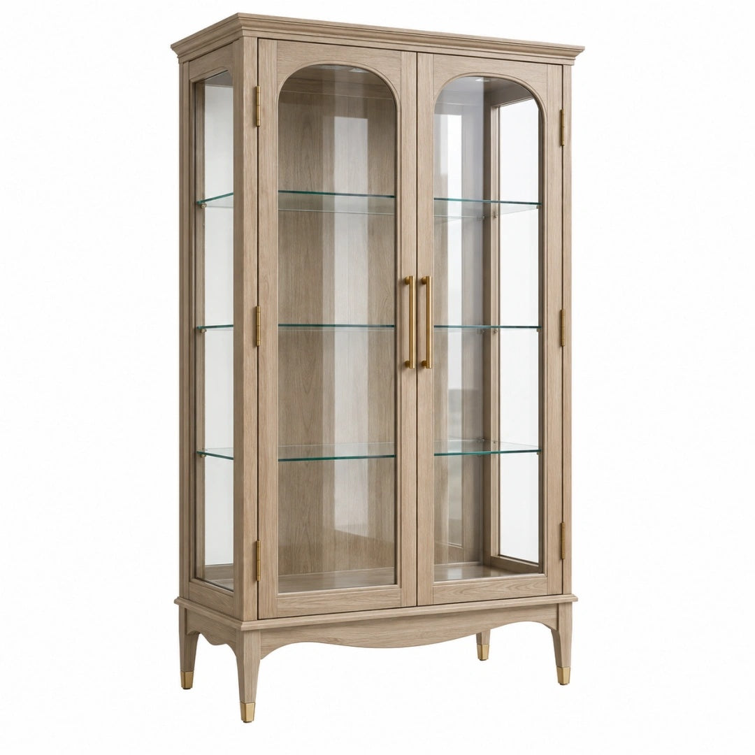 Vitrine 100 x 45 x 180 cm en bois et verre beige style classique