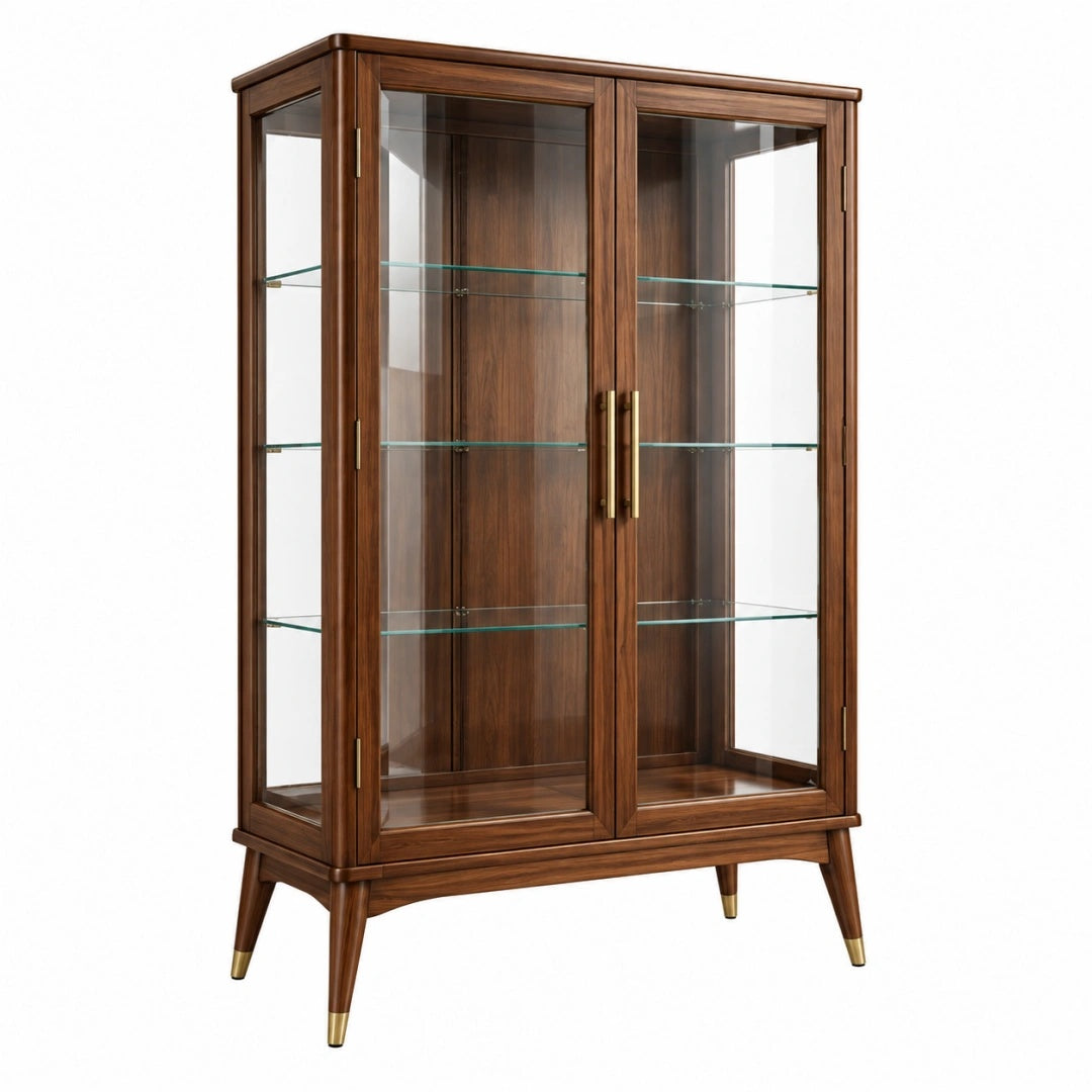 Vitrine 100 x 40 x 180 cm en bois brun avec portes vitrées style classique